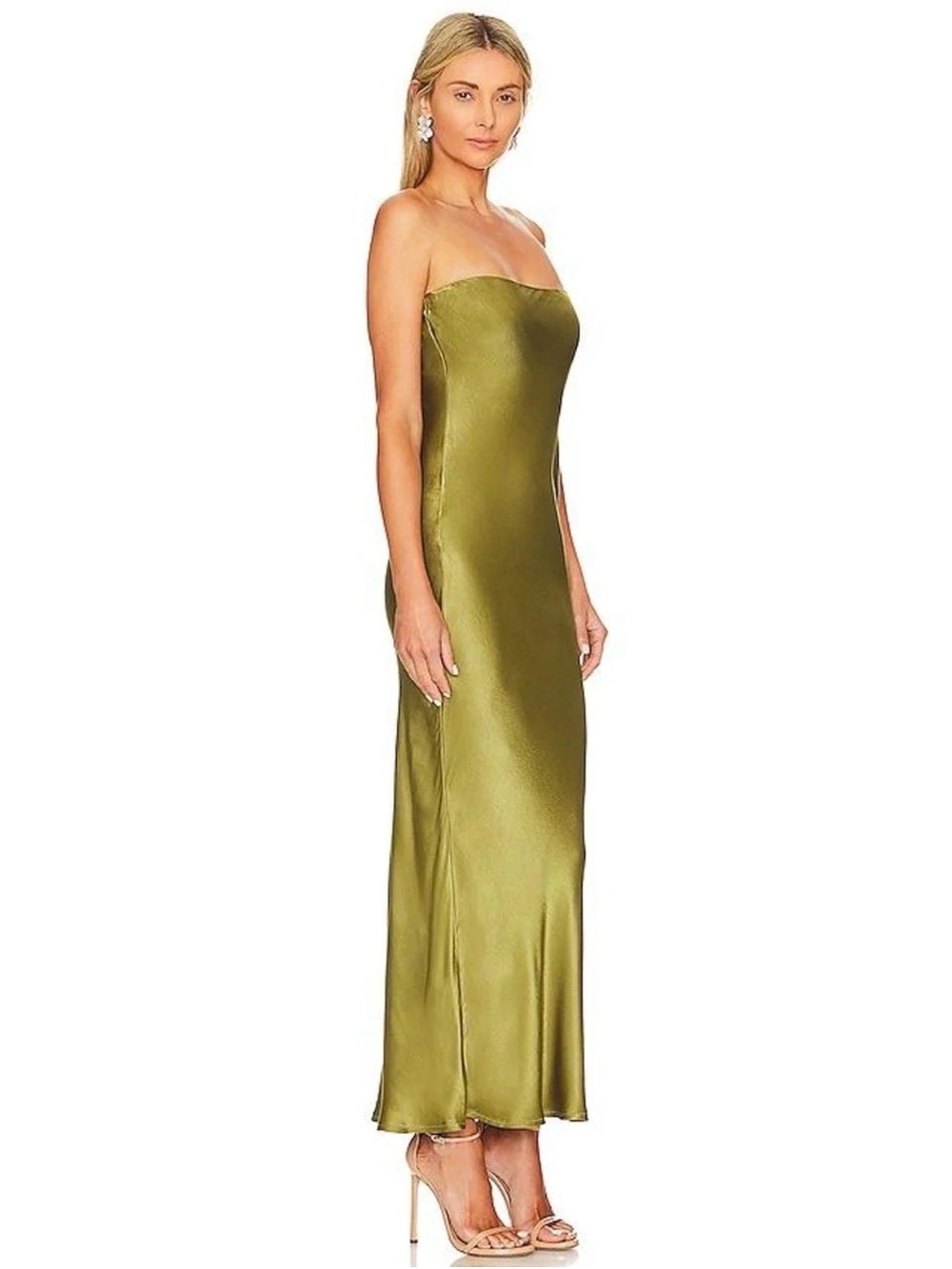 Strapless Satin Slip Dress in Olive Green